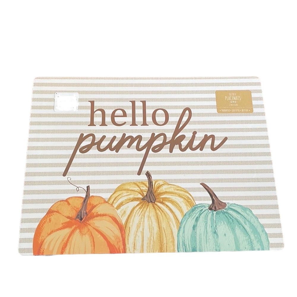 Set of 4 Fall Hello Pumpkin Cork Placemats Thanksgiving Striped
